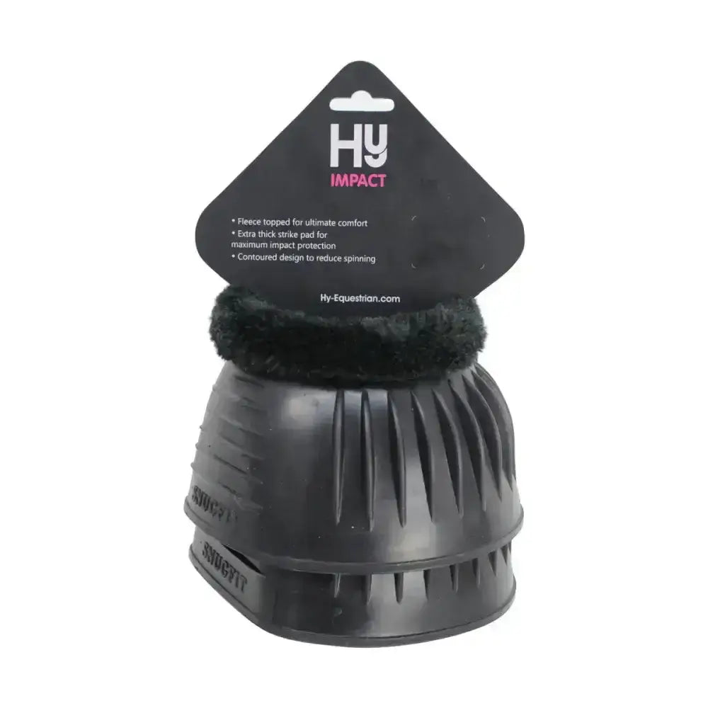 Black plastic horse hoof protector with plush fleece top from hy equestrian fleece topped customfit over reach boots