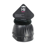 Black plastic horse hoof protector with plush fleece top from hy equestrian fleece topped customfit over reach boots
