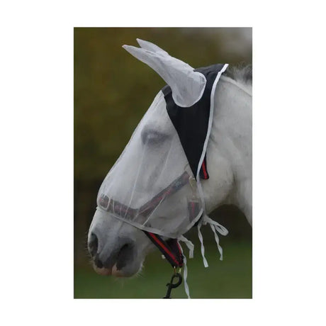 White mesh horse fly mask with black trim and white ear flaps hy equestrian fly eye and ear shield for fly masks