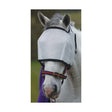 White mesh equestrian fly eye mask with black trim and red black straps for effective fly worry protection