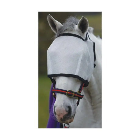 White mesh hy equestrian fly eye shield with black trim and red black straps to help with fly worry