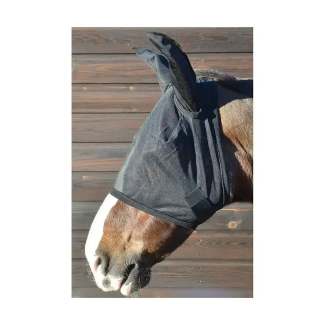 Black mesh equestrian fly mask with ears and adjustable straps to keep pesky flies and horse fly away