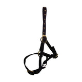 Black leather foal head collar with gold hardware and adjustable straps by hy equestrian perfect for foals