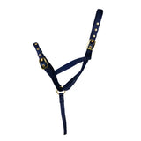 Navy blue leather foal slip halter with gold-tone buckles from hy equestrian webbing foal slip collection