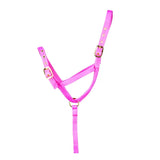 Pink nylon foal slip halter with gold-tone buckles and central ring for easy adjustment by Hy Equestrian