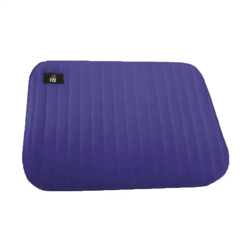Purple quilted hy equestrian foam leg pads with memory foam offer extra protection and have a black logo tag