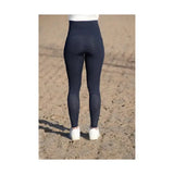 Black high-waisted fordwich riding tights with textured mesh on lower legs made from four-way stretch fabric