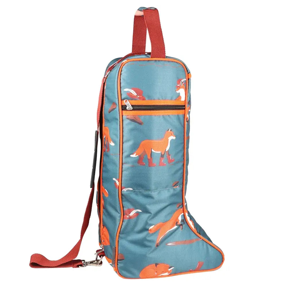 Boot bag with fox pattern, red straps, and orange accents from Hy Equestrian Frivolous Fox