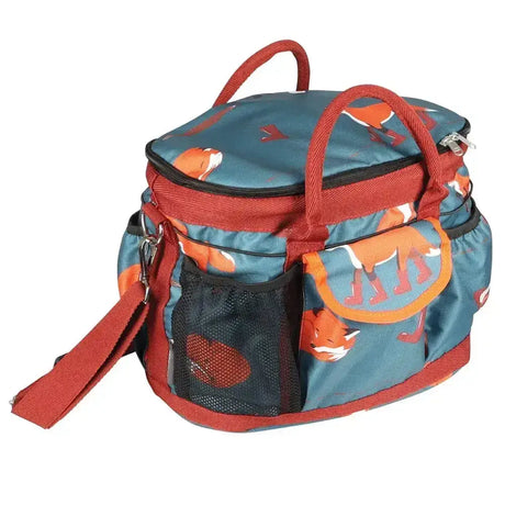 Teal and red fox patterned insulated cooler bag with mesh side pocket from hy equestrian frivolous fox grooming series