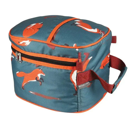 Teal insulated lunch bag with denier waterproof ripstop fabric, orange fox print, red handle for equestrian frivolous fox use