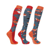 Three colorful knee-high Frivolous Fox Socks in a pack, perfect for equestrian fun