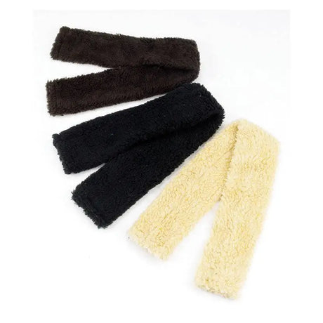 Three plush strips of equestrian fur fabric in dark brown black and cream for hy equestrian fur fabric girth sleeve