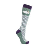 A pair of hy equestrian gallant goat socks with green and white stripes purple accents and a fun cartoon sheep design