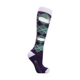 Purple and green argyle knee-high gallant goat socks with white sheep, lavender cuff and toe, fun goat socks pack of 3