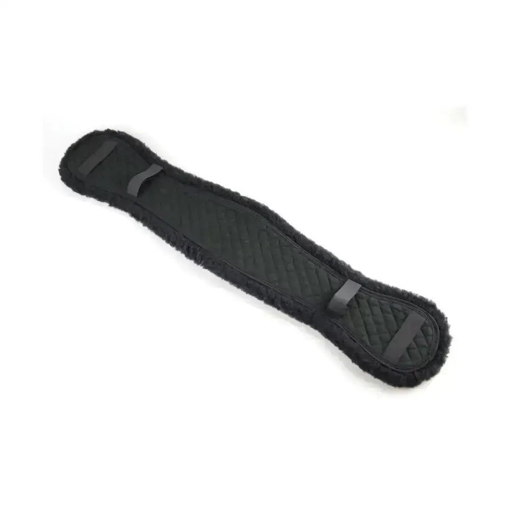 Black quilted equestrian girth cover with plush fleece rolled edges and adjustable straps for rubbing prevention