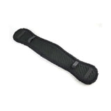 Black quilted equestrian girth cover with plush fleece rolled edges and adjustable straps for rubbing prevention