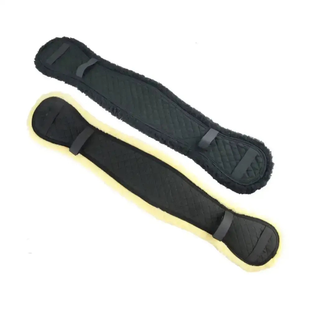 Black quilted hy equestrian girth cover with plush fleece edges and adjustable straps for rubbing prevention girth cover
