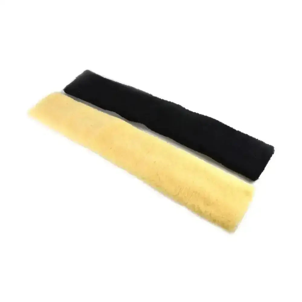 Two rectangular plush headbands in black and yellow for hy equestrian girth sleeve to prevent girth galls in horse tack