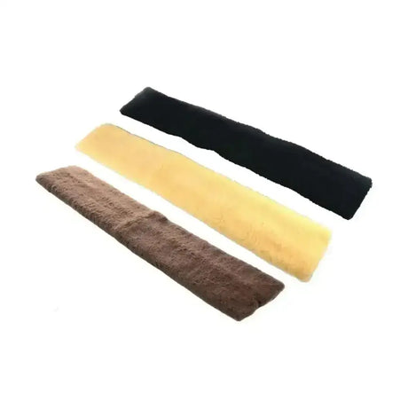 Three plush rectangular equestrian girth sleeve headbands in brown yellow and black to prevent girth galls in horse tack