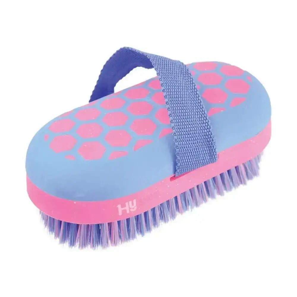 Hy equestrian glitter body brush with pink and blue honeycomb handle soft bristles and adjustable strap light weight body brush