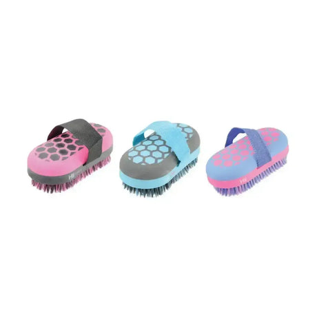 Three colorful hy equestrian glitter body brushes with rubber handles in pink-gray, gray-blue, and blue-pink designs