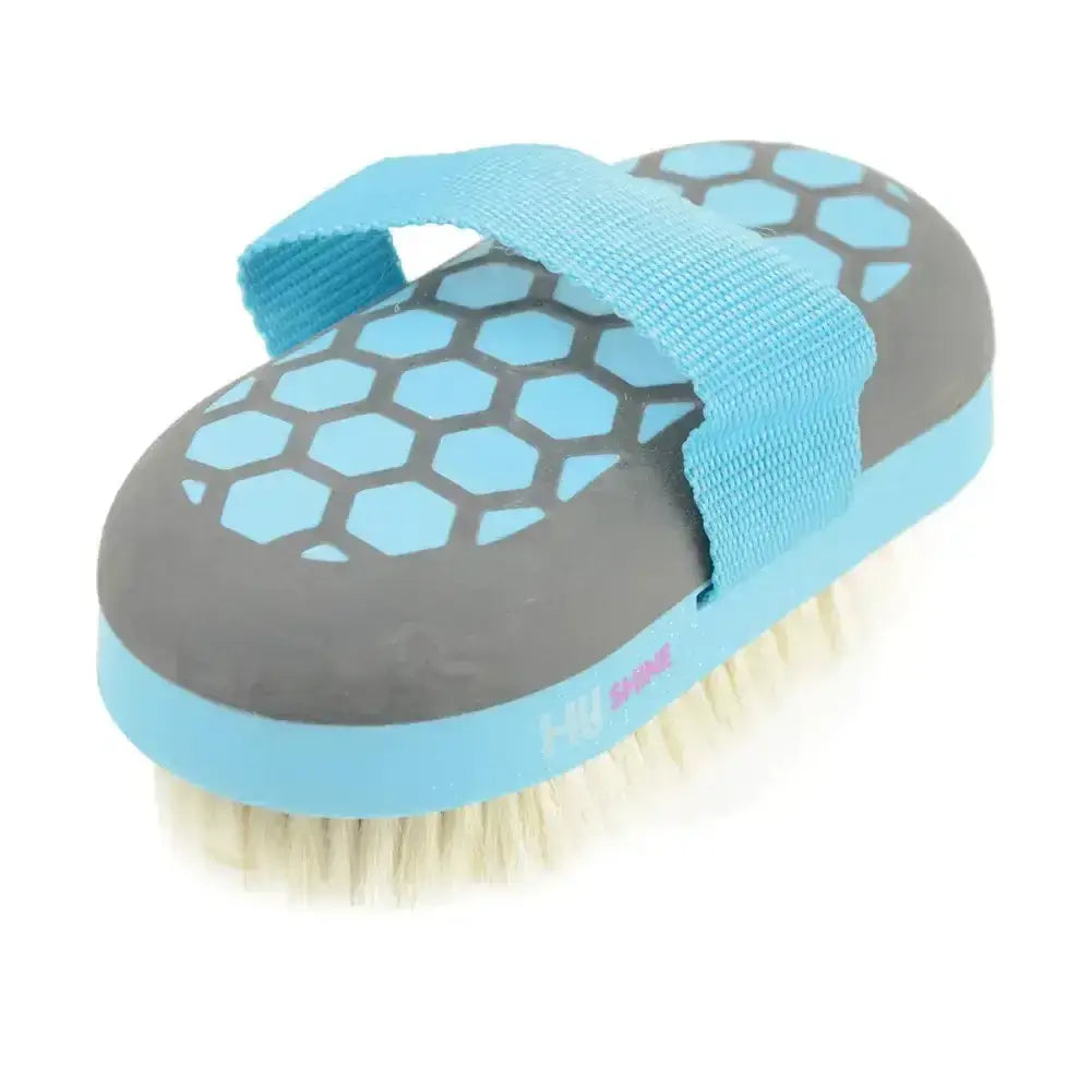 Light blue and gray hy equestrian glitter body brush with honeycomb handle and soft goat hair bristles for gentle grooming