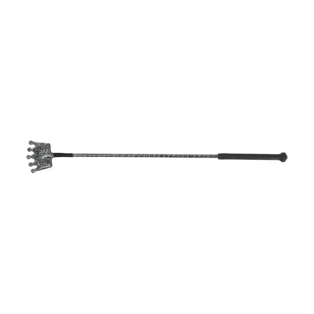 Silver glittery crown end riding crop with black grip and textured handle perfect for equestrian glitter crown use