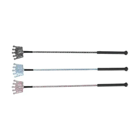 Three hy equestrian glitter crown riding whips with black handles and silver blue and pink sparkling shafts