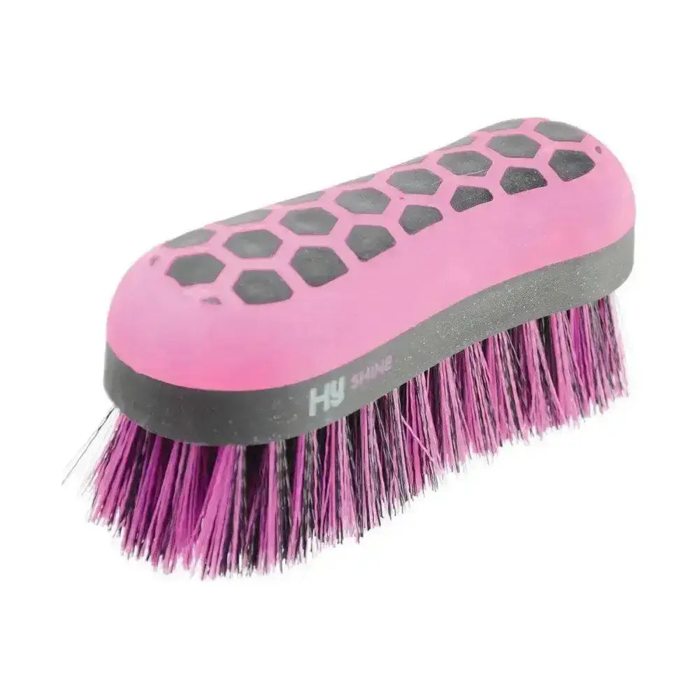Pink and gray hy equestrian glitter dandy brush with honeycomb grip and vibrant purple bristles lightweight small dandy brush
