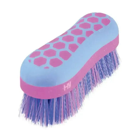 Pink and light blue equestrian glitter dandy brush with hexagonal grip and gradient bristles, lightweight small dandy brush