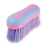 A vibrant pink and blue equestrian glitter dandy flick brush with textured grip handle and multicolored bristles