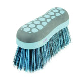 A teal and gray equestrian glitter dandy flick brush with dense blue bristles and a honeycomb-patterned grip