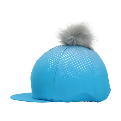 Bright blue equestrian glitter explosion hat cover with gray faux fur pom-pom and subtle dotted pattern