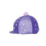 Purple equestrian glitter magic hat cover with silver star and heart embroidery topped with a soft pink pom pom
