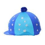 Blue and light blue equestrian glitter magic hat cover with silver glitter hearts stars and fuzzy pom pom