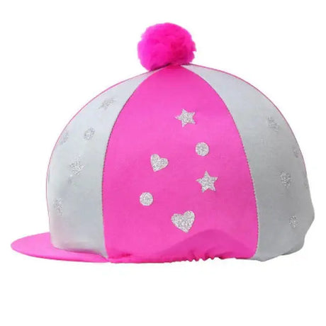 Pink and silver glitter magic hat cover with stars hearts and bright pink pom pom for equestrian glitter magic style