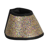 Hy equestrian glitter over reach boots with glittery gold and multicolored sequins and black fabric trim glamorous boots