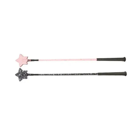 Two hy equestrian glitter star riding whips with star-shaped handles in solid pink and black lace pattern