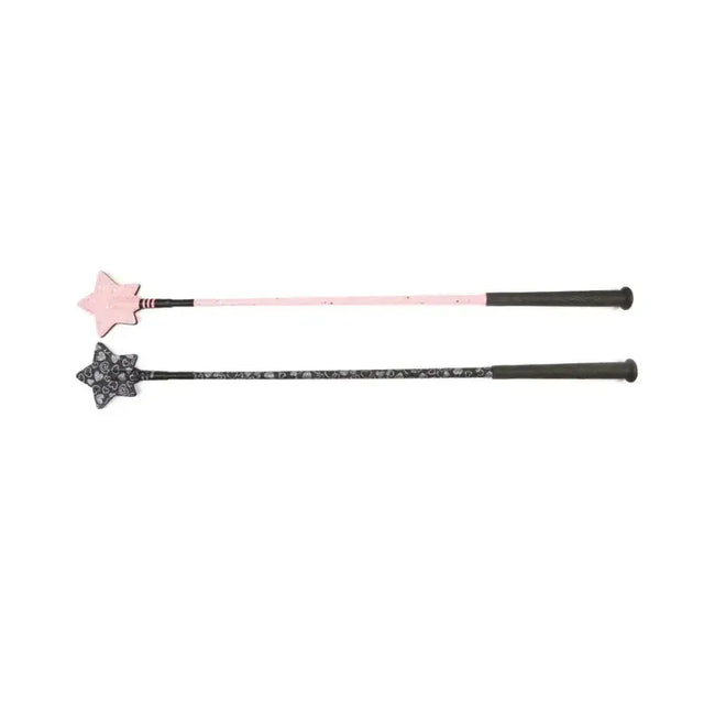Two hy equestrian glitter star riding whips with star-shaped handles in solid pink and black lace pattern