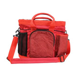 Vibrant red hy equestrian glitzy grooming bag with quilted fabric black mesh and zipper accents for grooming sessions