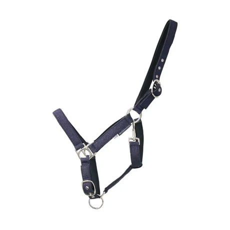 Navy blue leather equestrian glitzy headcollar with silver hardware and adjustable straps for a funky head collar look