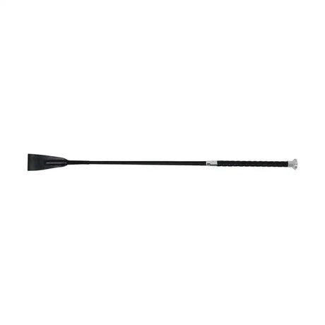 Black leather hy equestrian gp riding crop with textured wrap handle matches and silver metal ferrule riding crops