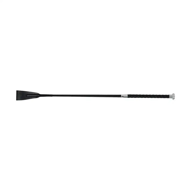 Black leather hy equestrian gp riding crop with textured wrap handle matches and silver metal ferrule riding crops