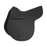 Black quilted saddle pad with diamond pattern and two black strap closures for equestrian gp showjump use