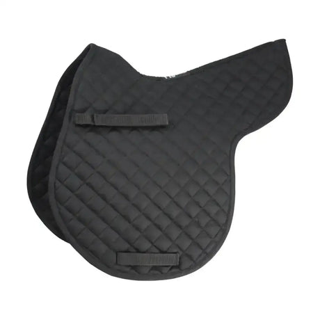 Black quilted saddle pad with diamond pattern and two black strap closures for equestrian gp showjump use