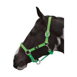 Bright green leather hy equestrian grand prix head collar with silver buckles and black brand tag, adjustable nylon webbing