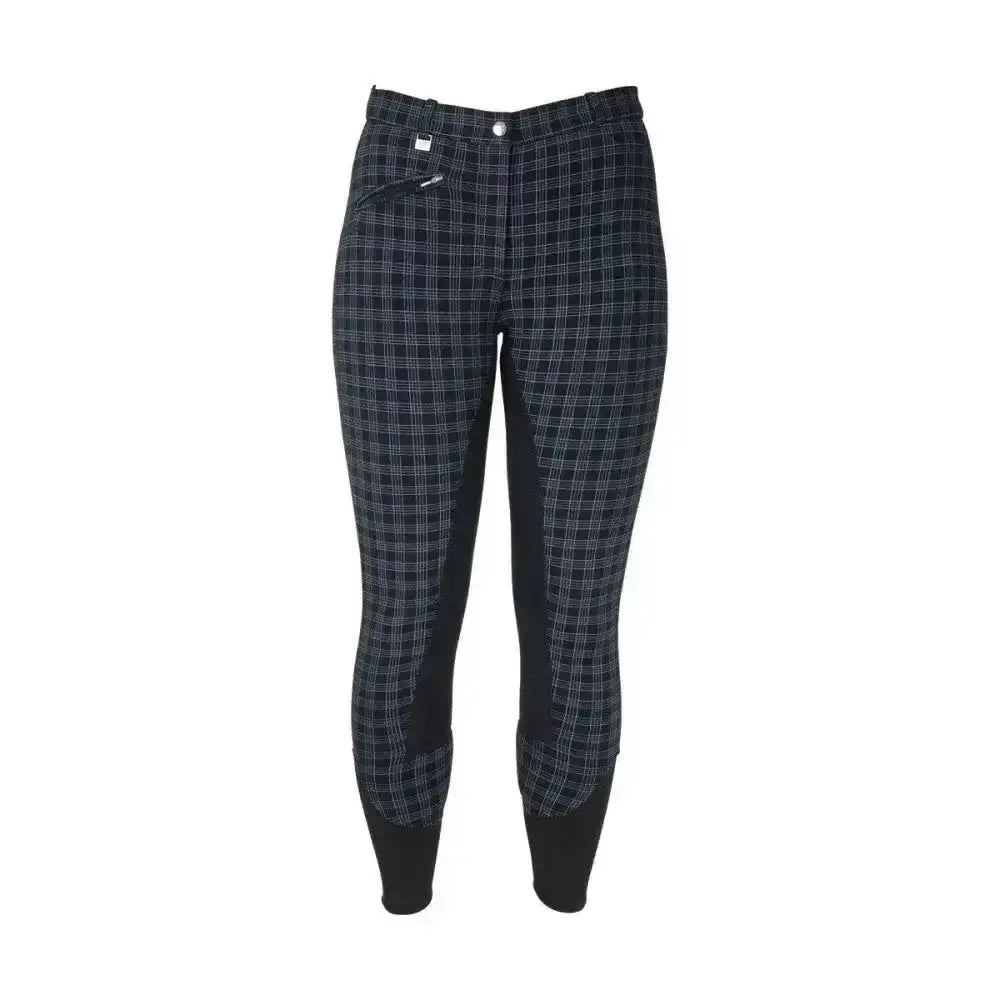 Black and gray plaid equestrian harby ladies breeches with black reinforced leg panels for durability and style