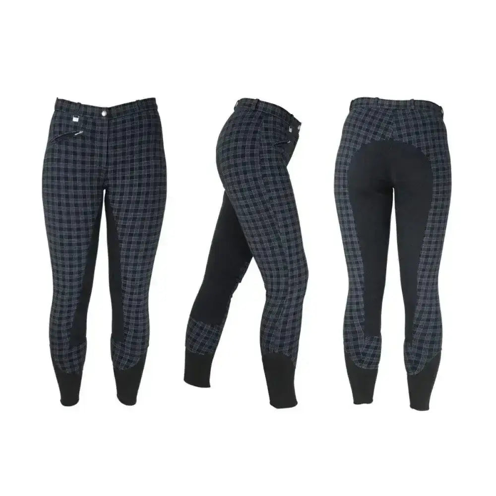 Black and gray plaid equestrian harby ladies riding pants with black reinforced thigh and calf panels