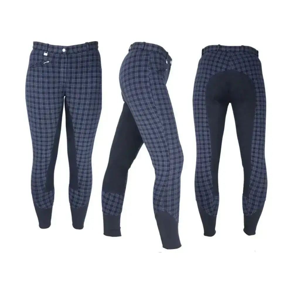 Navy blue and white plaid harby ladies breeches with black reinforced panels ideal for equestrian harby ladies use
