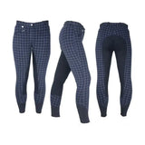 Navy blue and white plaid harby ladies breeches with black reinforced panels ideal for equestrian harby ladies use